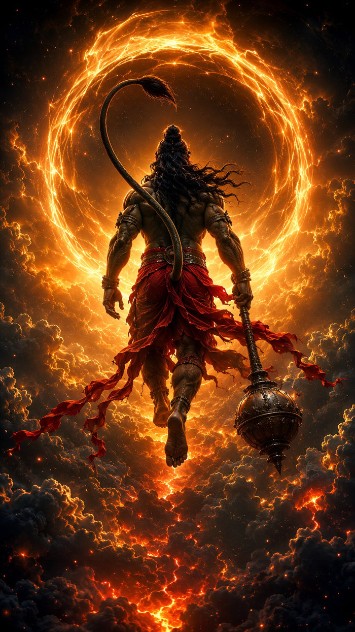 Hanuman Flying Through Golden Ring Metal Poster