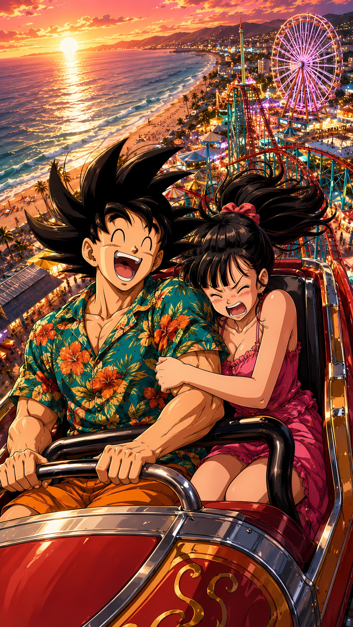 Goku & Chi-Chi – Sunset Roller Coaster Adventure Metal Wall Art