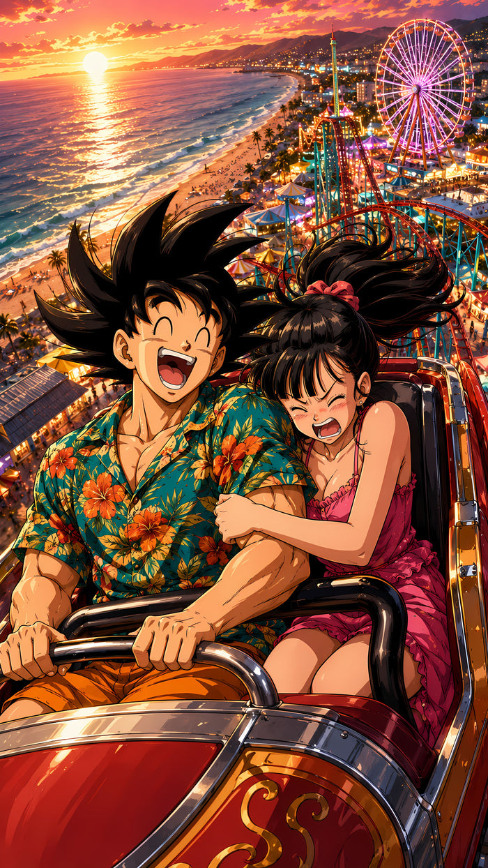 Goku & Chi-Chi – Sunset Roller Coaster Adventure Metal Wall Art