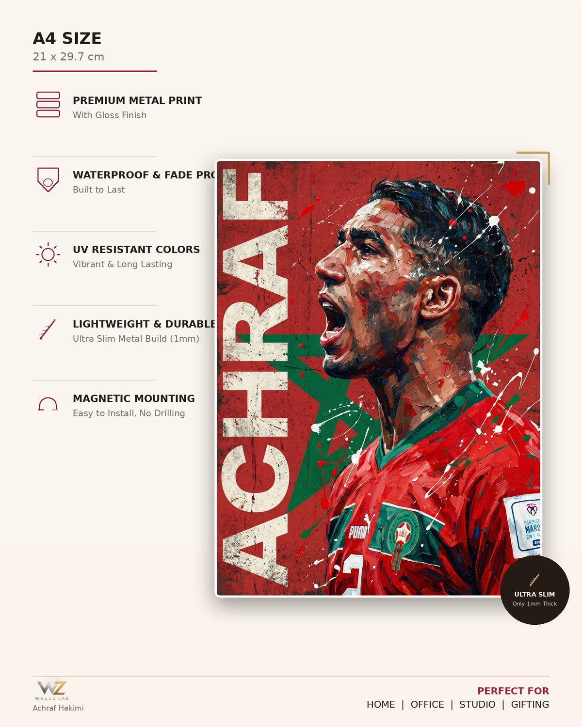 Achraf Hakimi Metal Poster - size and features