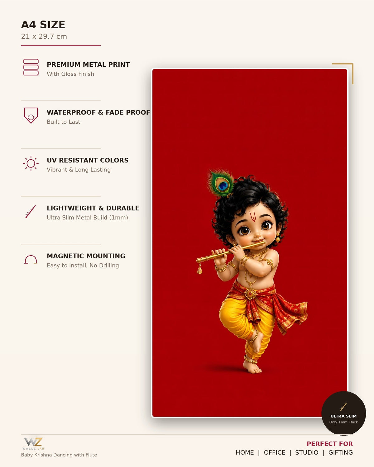 Baby Krishna Dancing with Flute Metal Poster - size and features