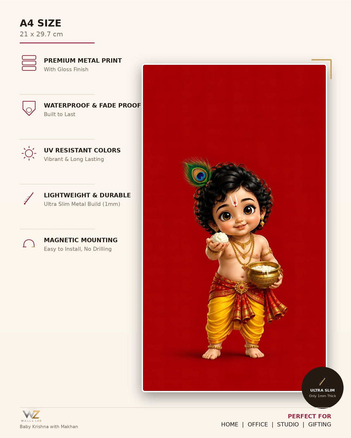 Baby Krishna with Makhan Metal Poster - size and features