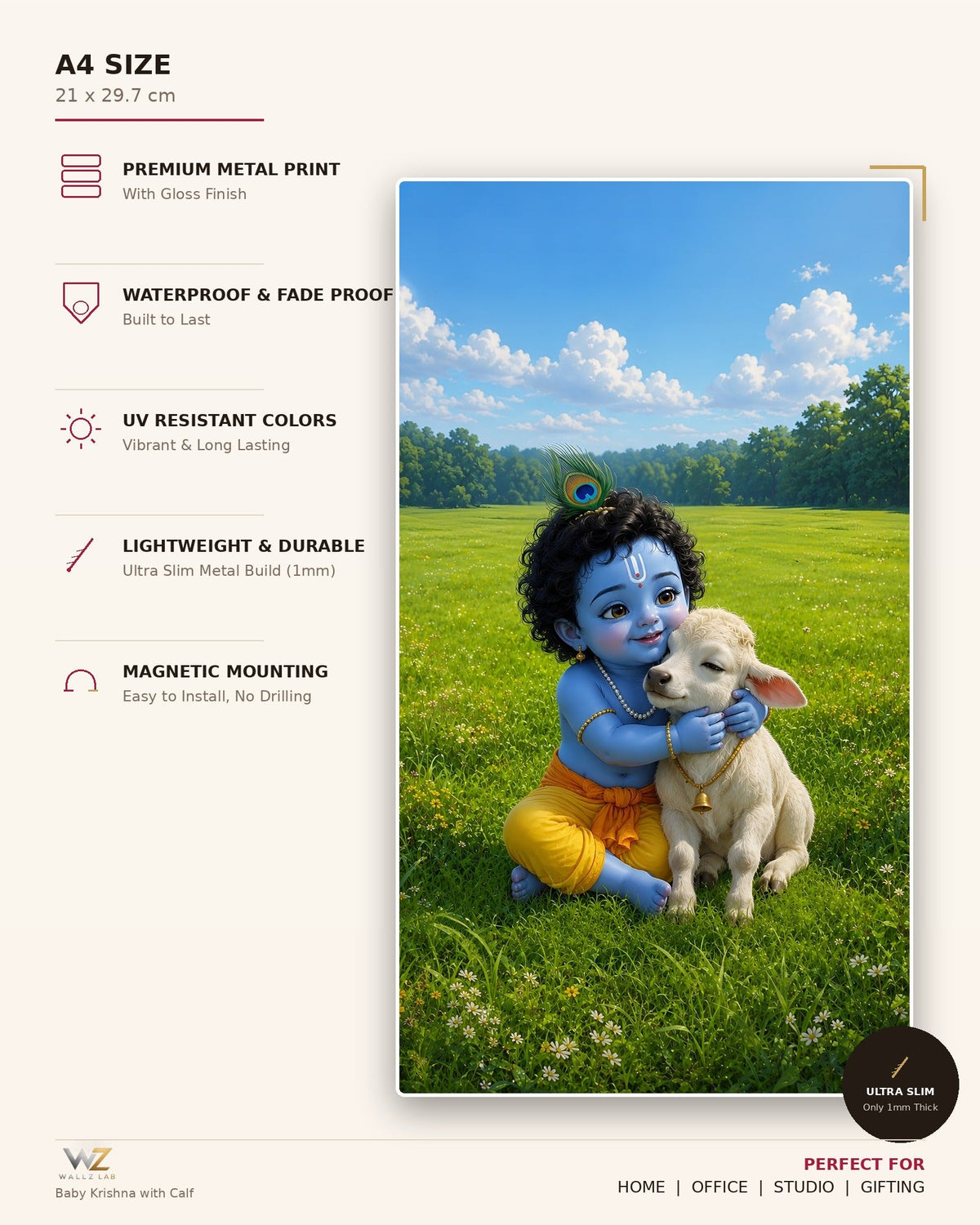 Baby Krishna with Calf Metal Poster - size and features