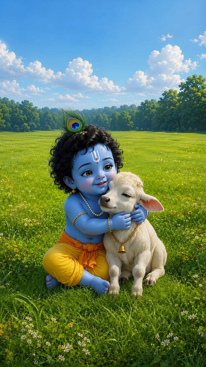 Baby Krishna with Calf Metal Poster
