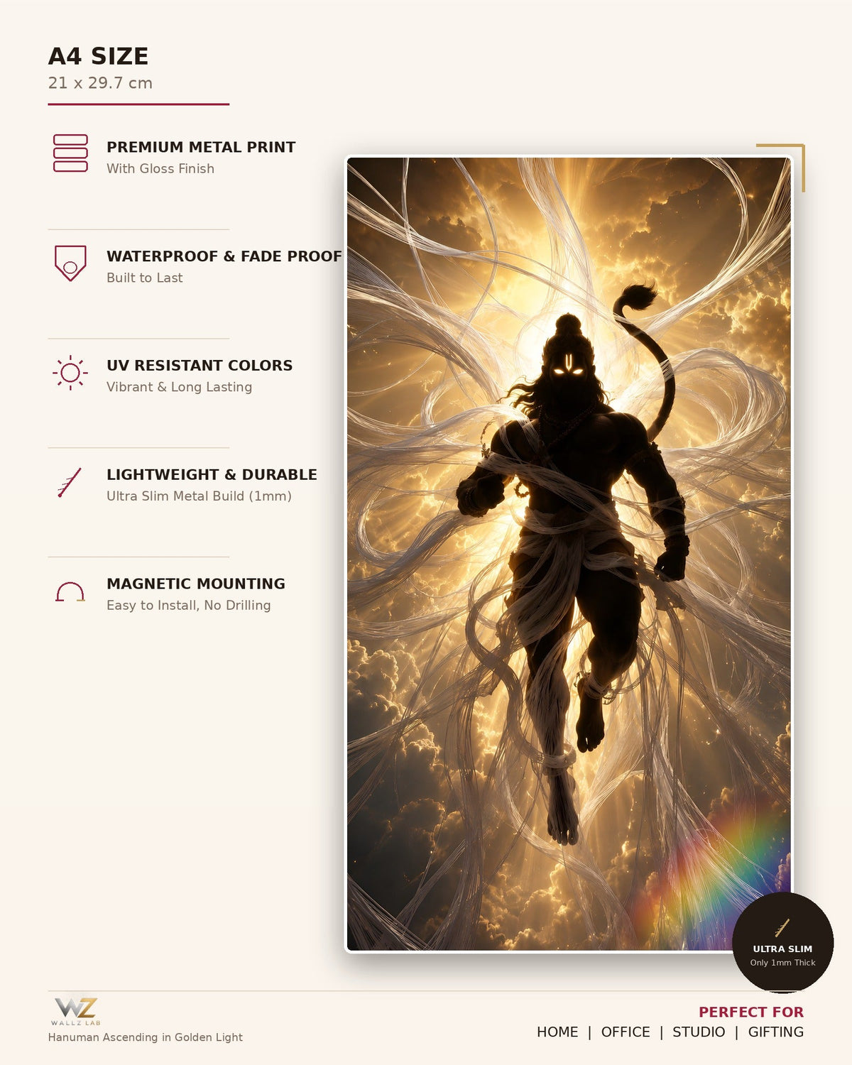 Hanuman Ascending in Golden Light Metal Poster - size and features