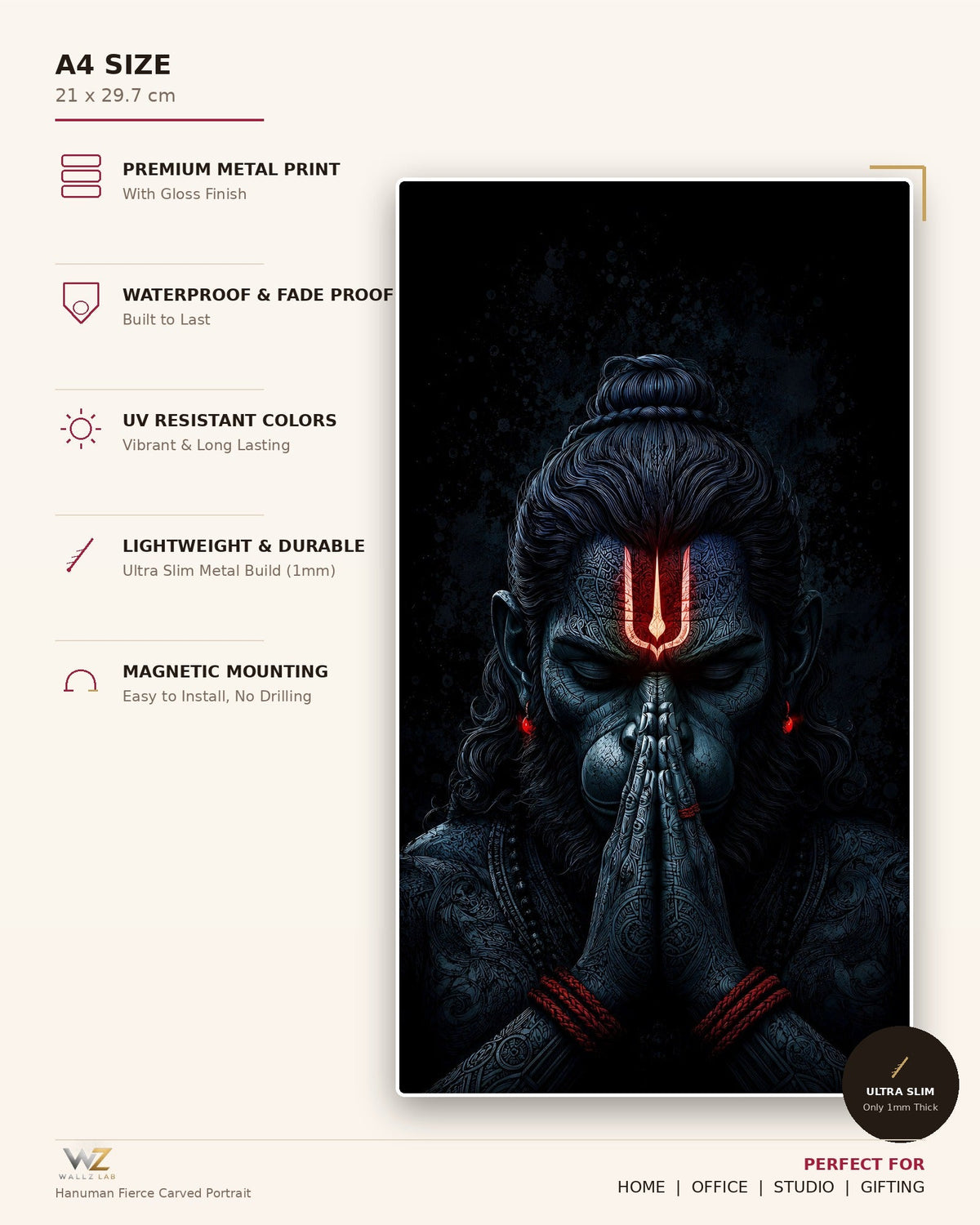 Hanuman Fierce Carved Portrait Metal Poster - size and features