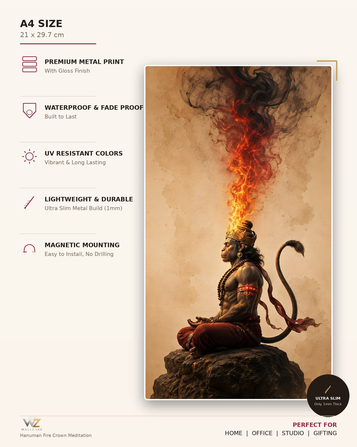 Hanuman Fire Crown Meditation Metal Poster - size and features