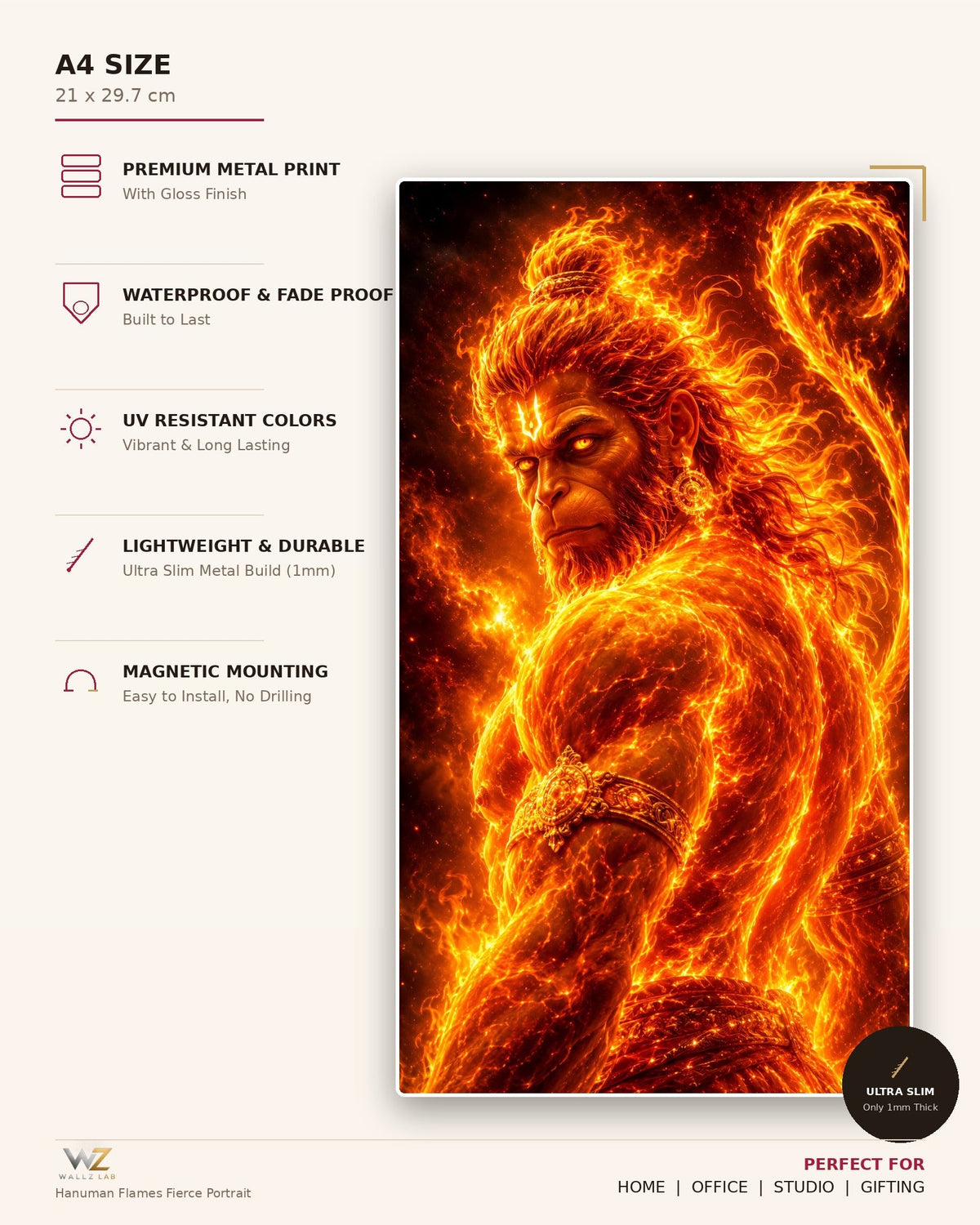 Hanuman Flames Fierce Portrait Metal Poster - size and features