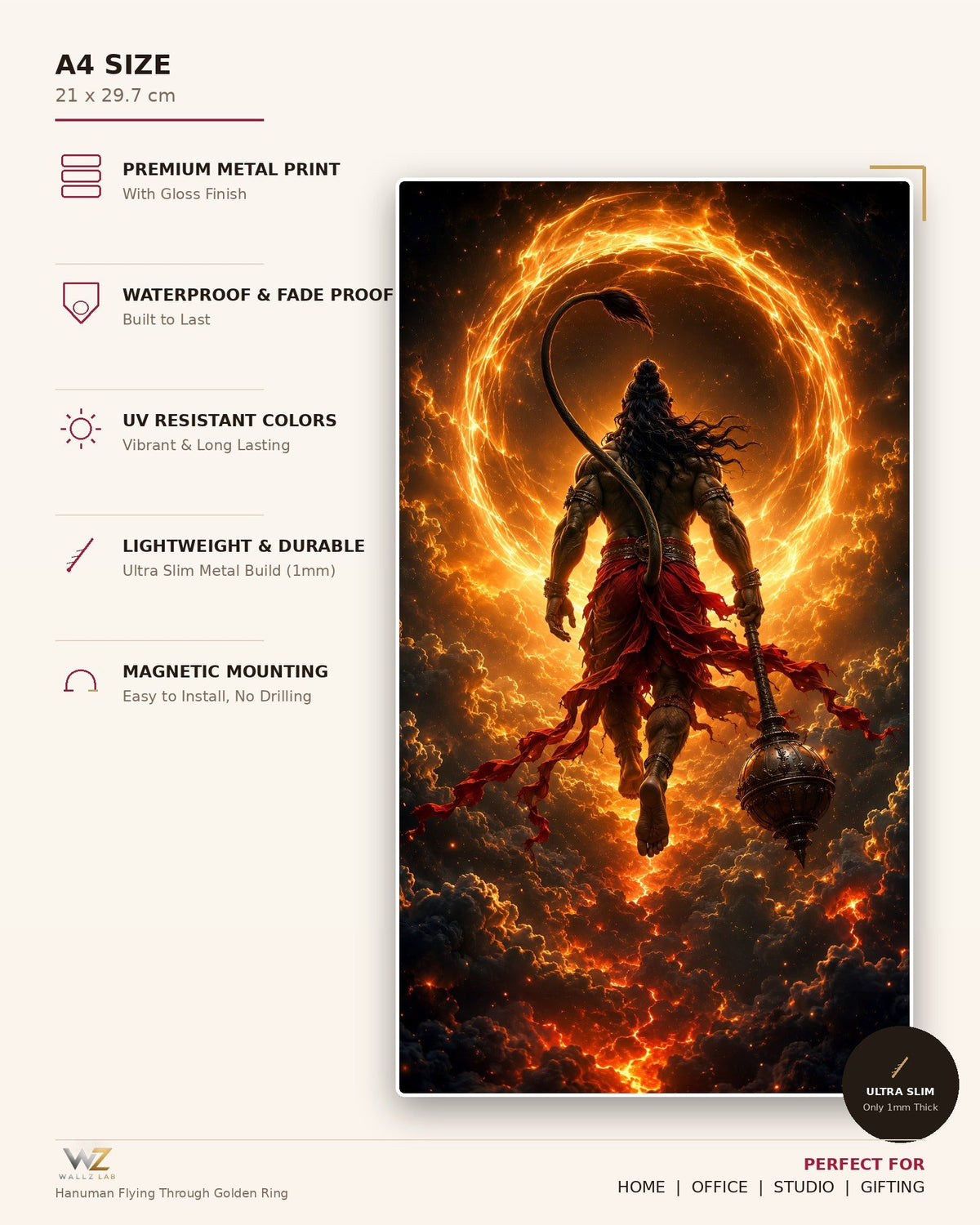 Hanuman Flying Through Golden Ring Metal Poster - size and features