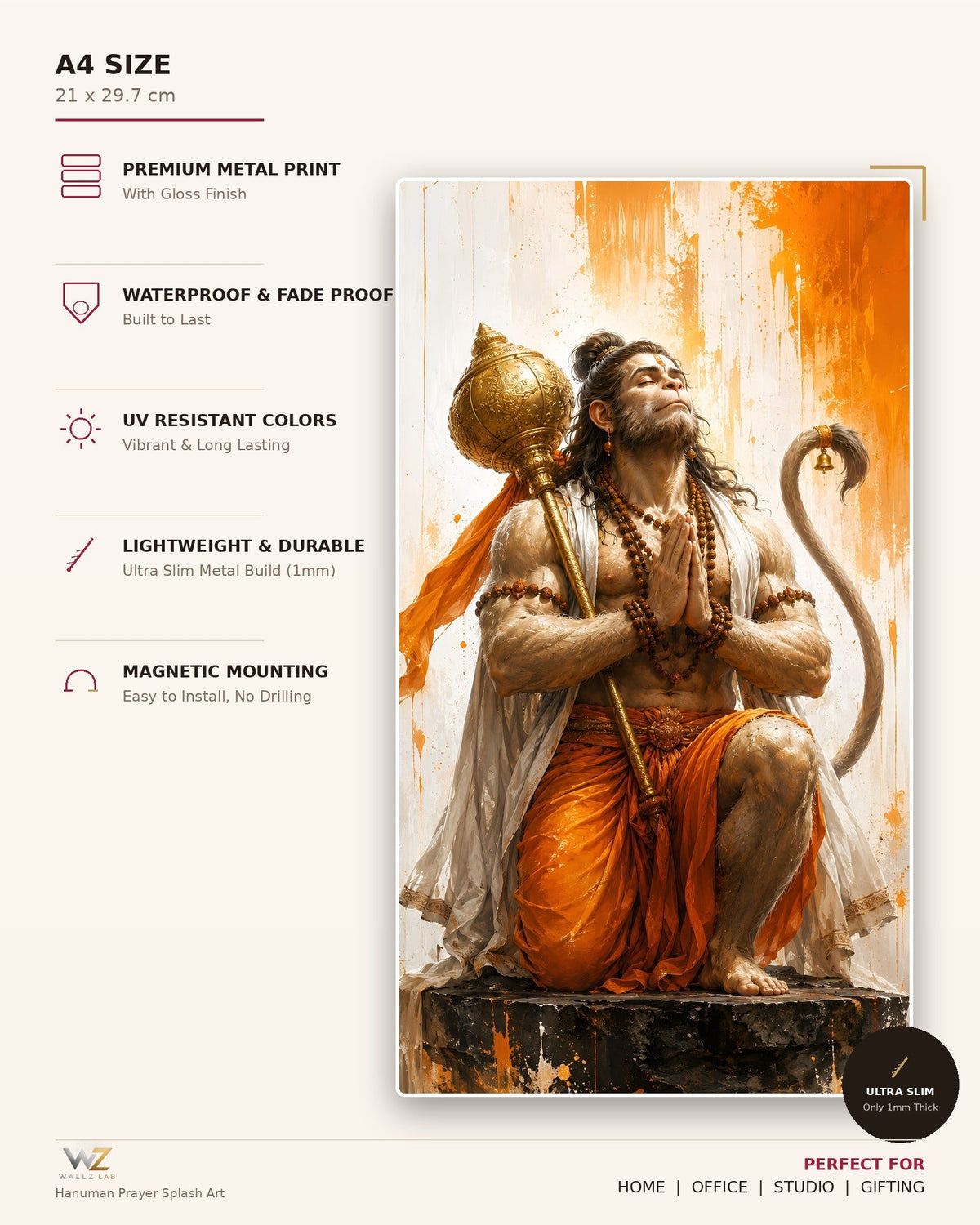 Hanuman Prayer Splash Art Metal Poster - size and features