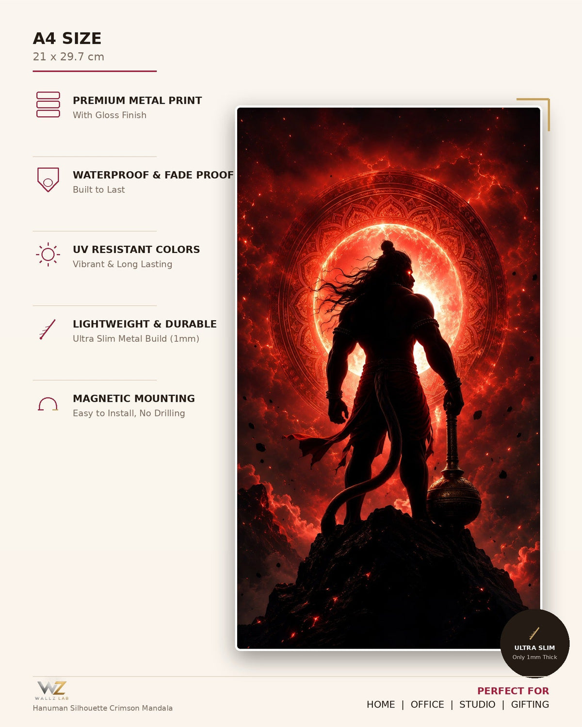 Hanuman Silhouette Crimson Mandala Metal Poster - size and features