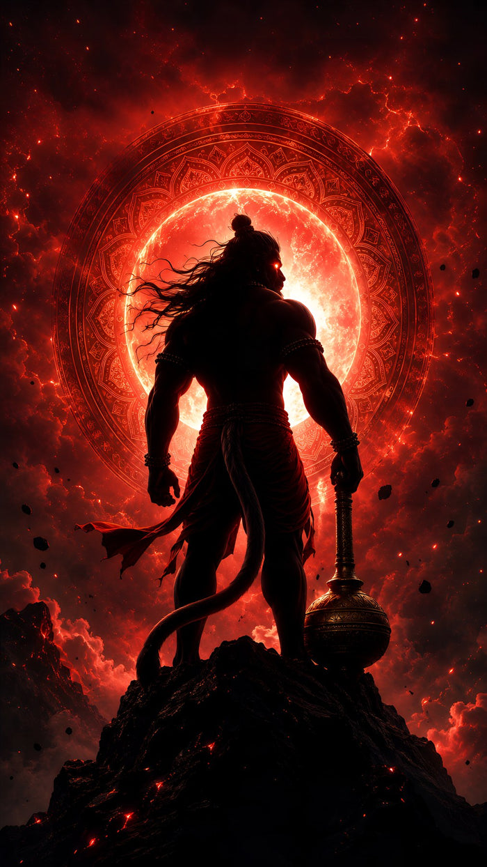 Hanuman Silhouette Crimson Mandala Metal Poster