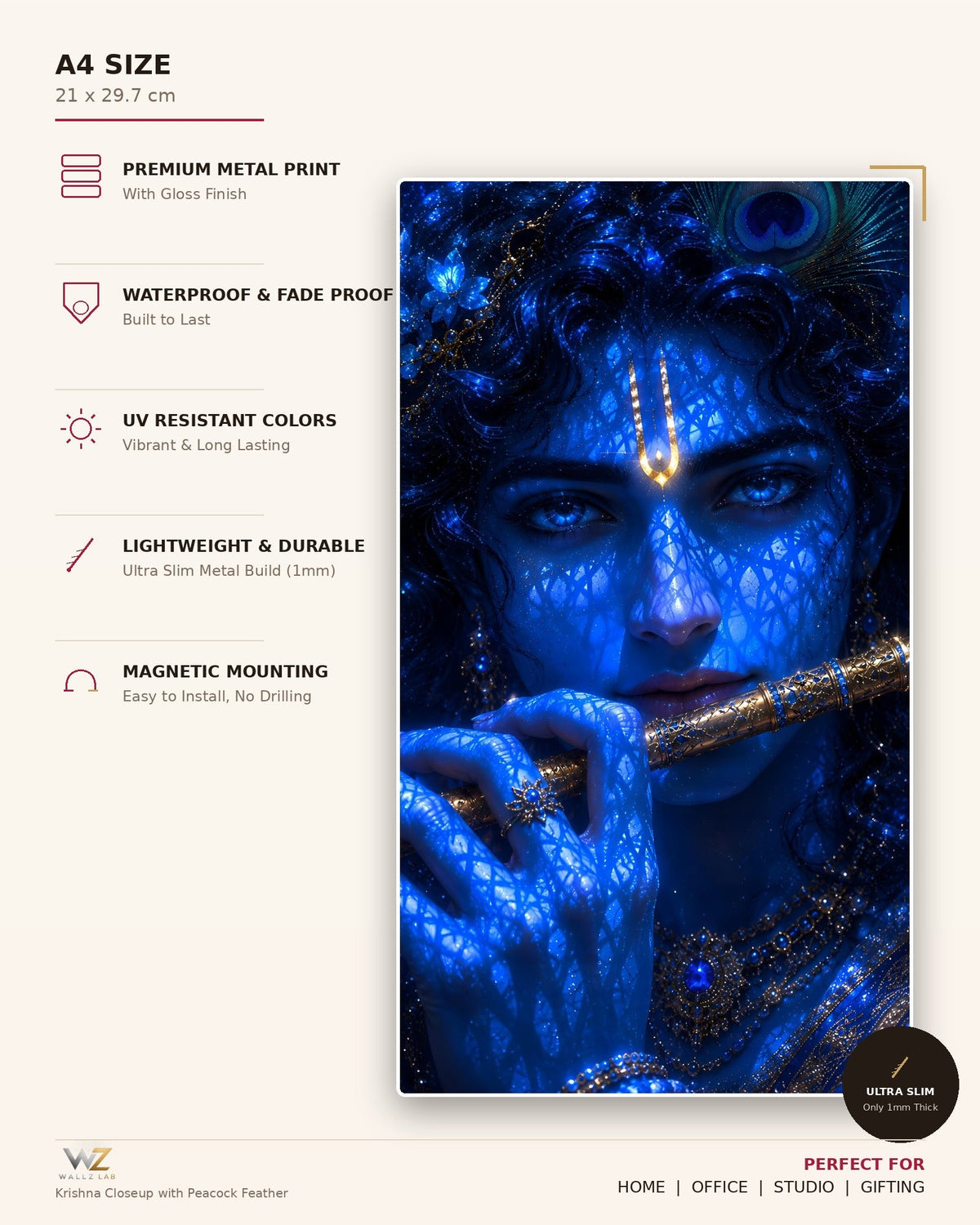 Krishna Closeup with Peacock Feather Metal Poster - size and features
