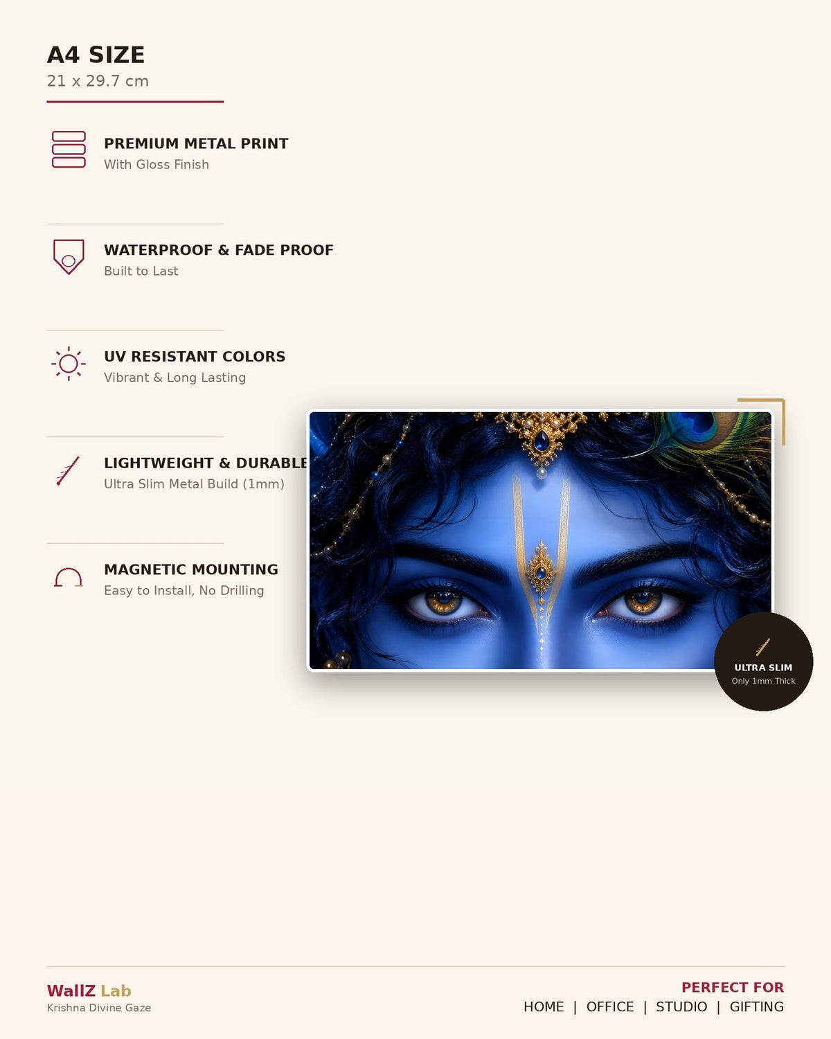 Krishna Divine Gaze Metal Poster - size and features