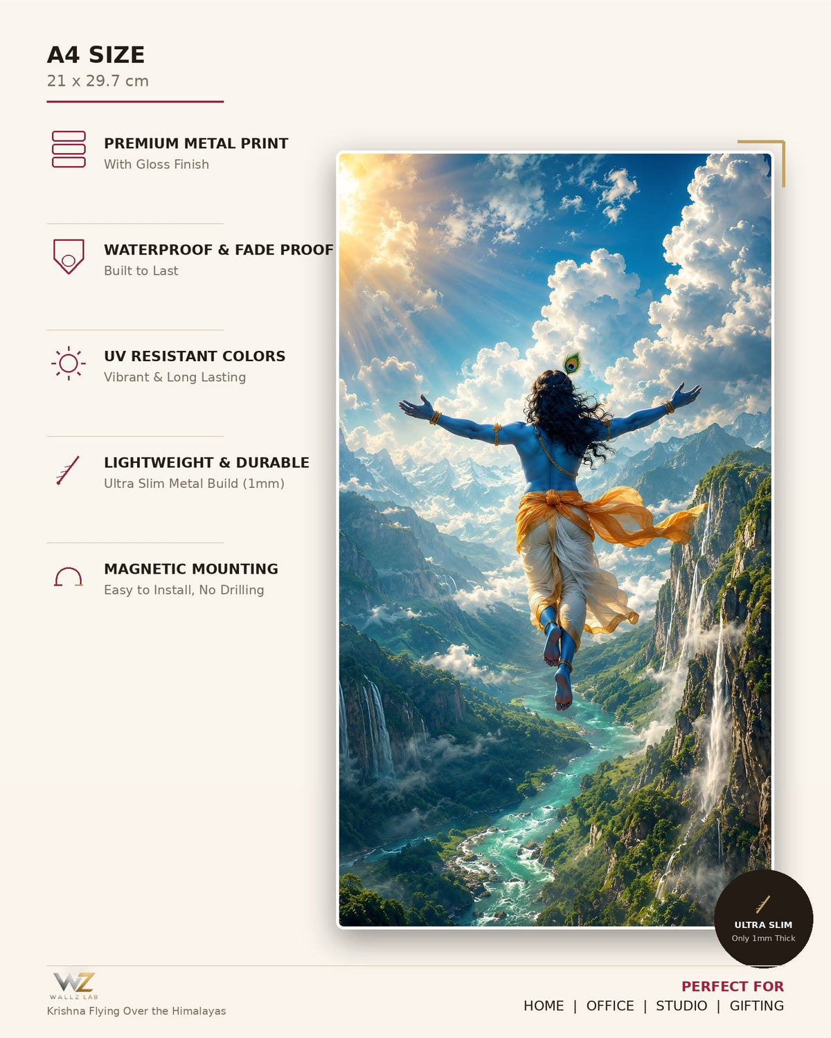 Krishna Flying Over the Himalayas Metal Poster - size and features