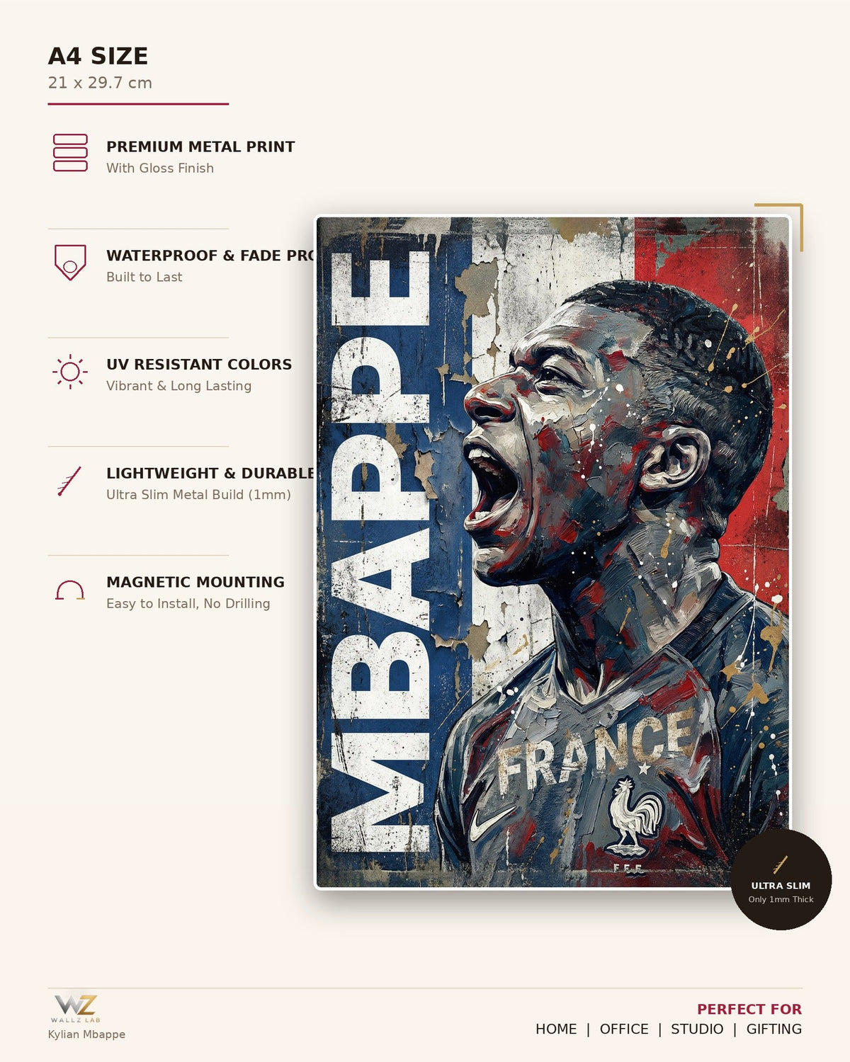 Kylian Mbappé Metal Poster - size and features