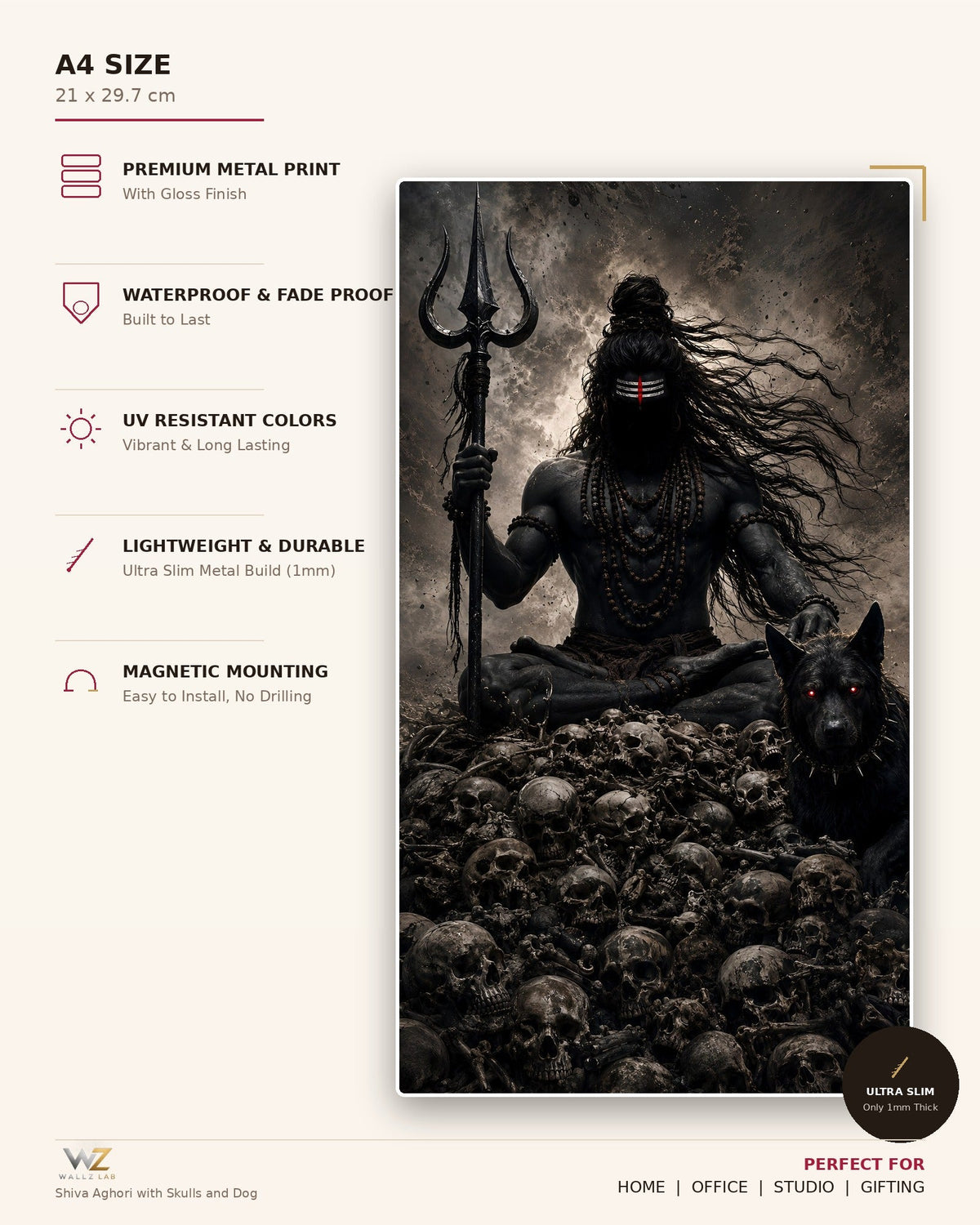 Shiva Aghori with Skulls and Dog Metal Poster - size and features