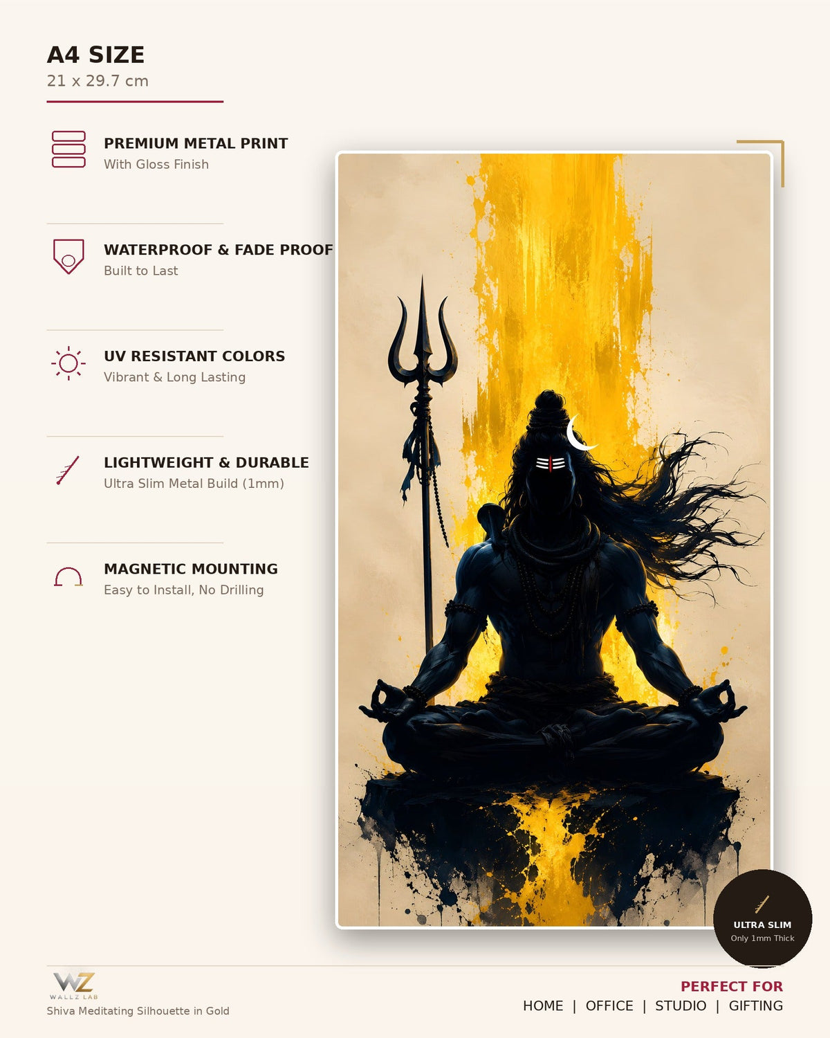 Shiva Meditating Silhouette in Gold Metal Poster - size and features